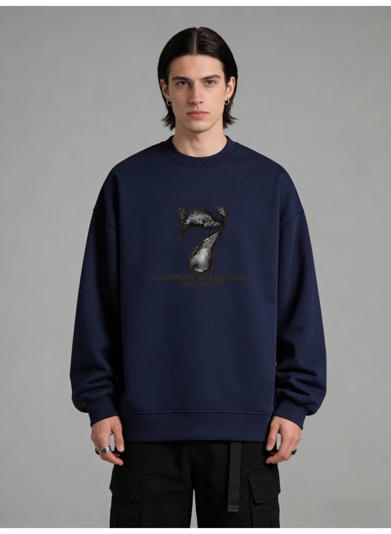 BM INS Navy Blue "Distressed Number 7" Graphic Oversized Crew Neck Sweatshirt | Unisex Pullover With "SOMETIMES WE FEEL TIRED LOST IN LIFE" Slogan - Image 3